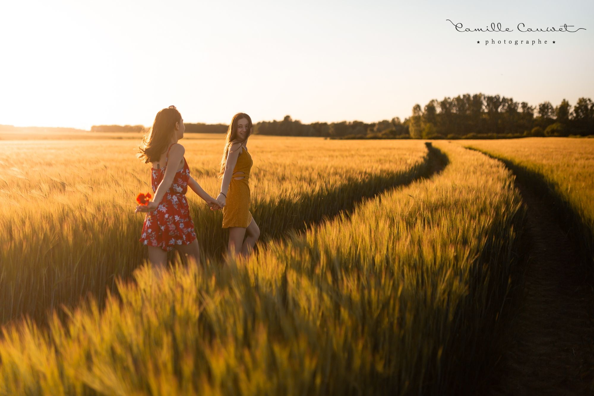 photo de jeunes filles dans champs de blé au coucher du soleil
